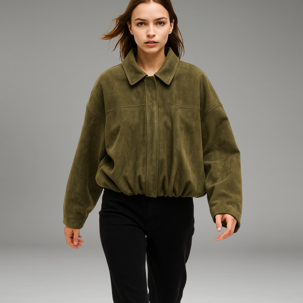 Women’s Bomber Jacket with Zip Closure and Structured Lapel Collar