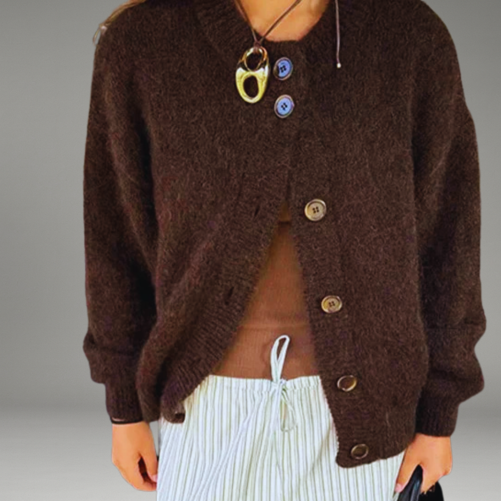 Women’s Button-Up Cardigan with Ribbed Cuffs and Full-Length Sleeves