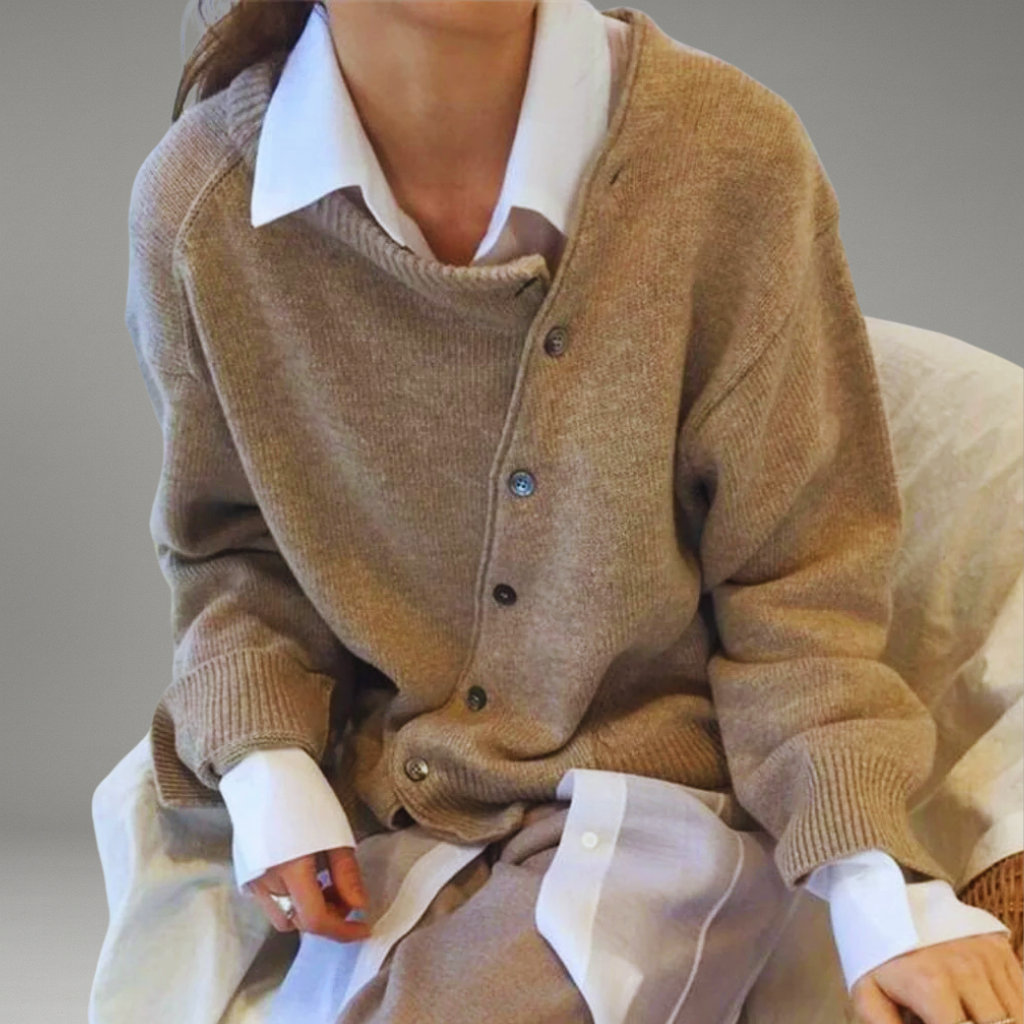 Women’s Cardigan with Button Closure and Asymmetric Neckline