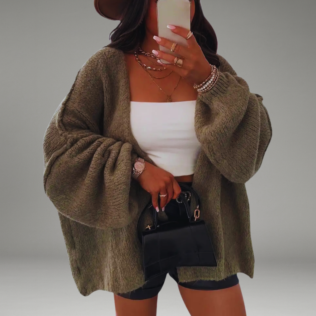 Women’s Cardigan with Open Front and Long Balloon Sleeves