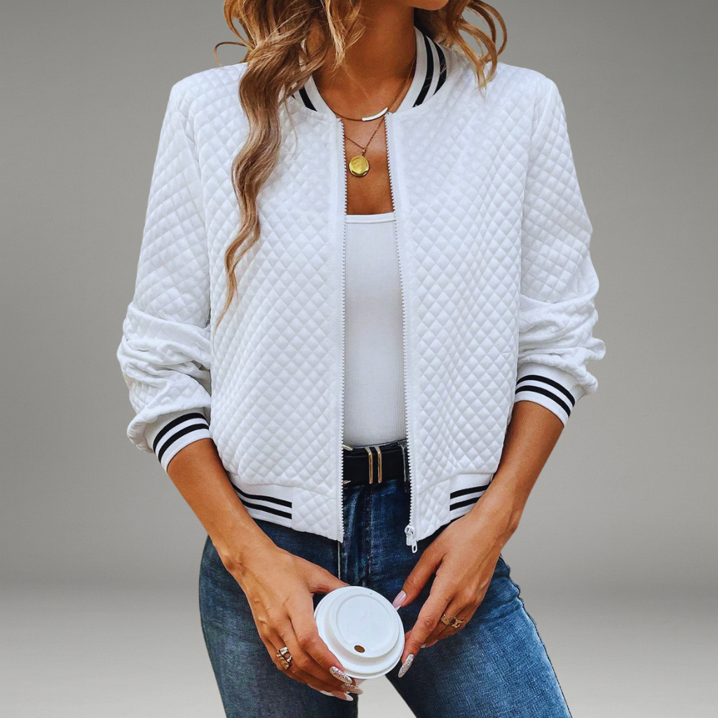 Women’s Cropped Bomber Jacket with Baseball Collar and Zipper Closure