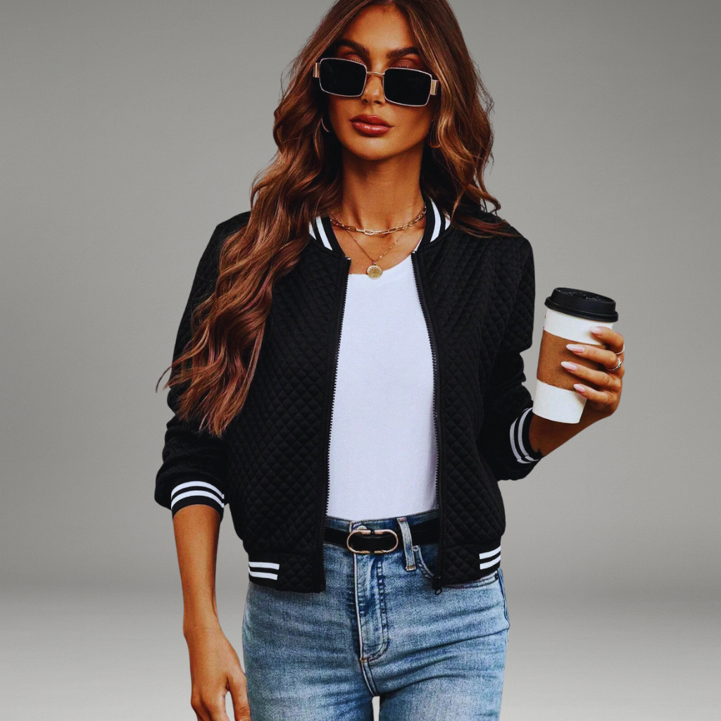 Women’s Cropped Bomber Jacket with Baseball Collar and Zipper Closure