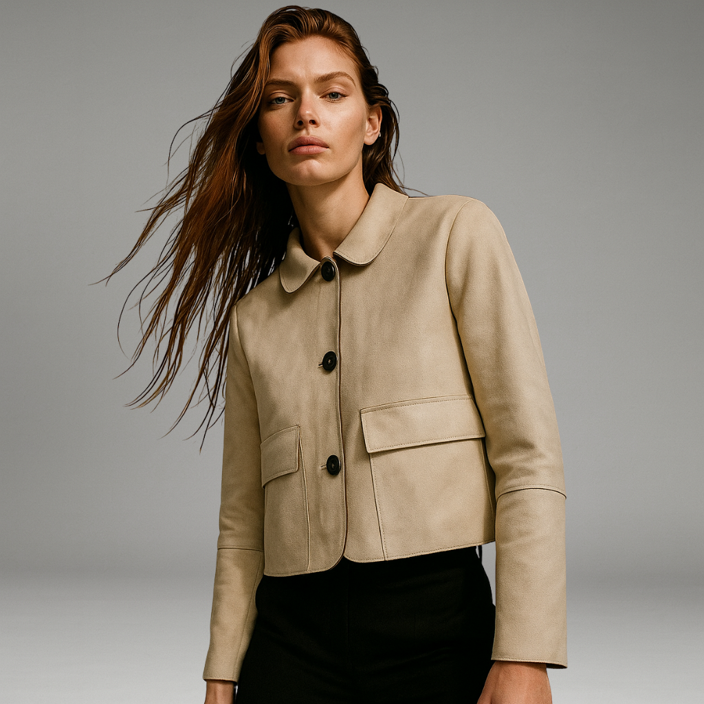 Women’s Cropped Jacket with Button Closure and Flap Pockets