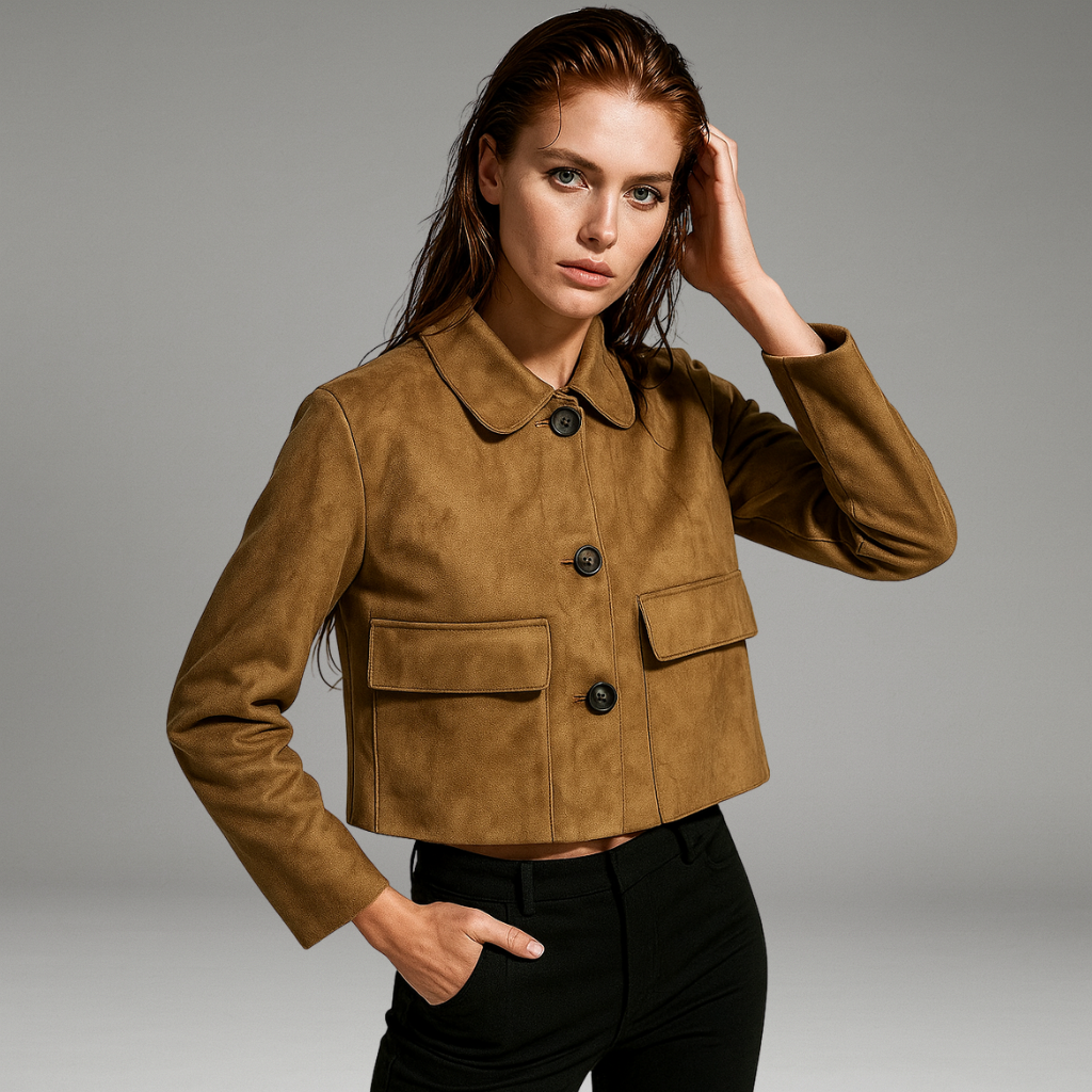 Women’s Cropped Jacket with Button Closure and Flap Pockets