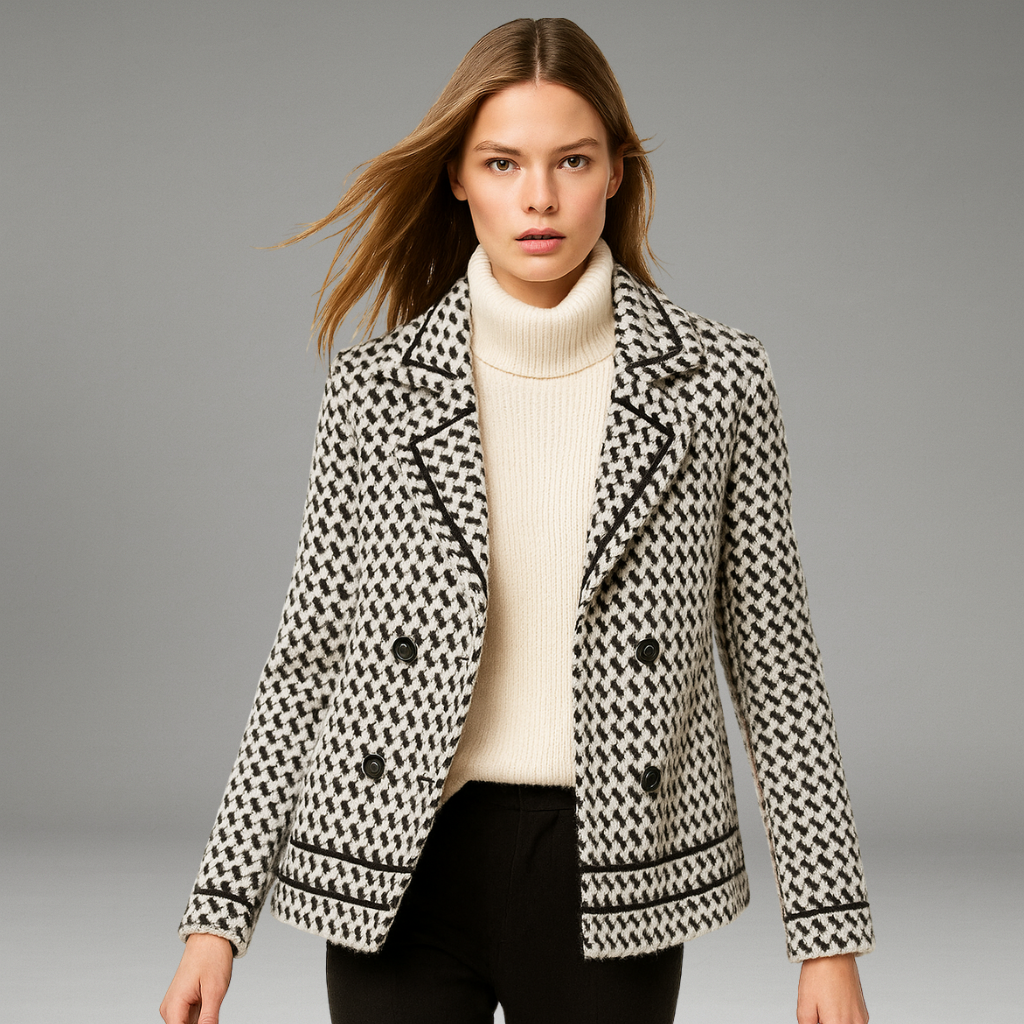 Women’s Cropped Jacket with Houndstooth Pattern and Double-Breasted Buttons
