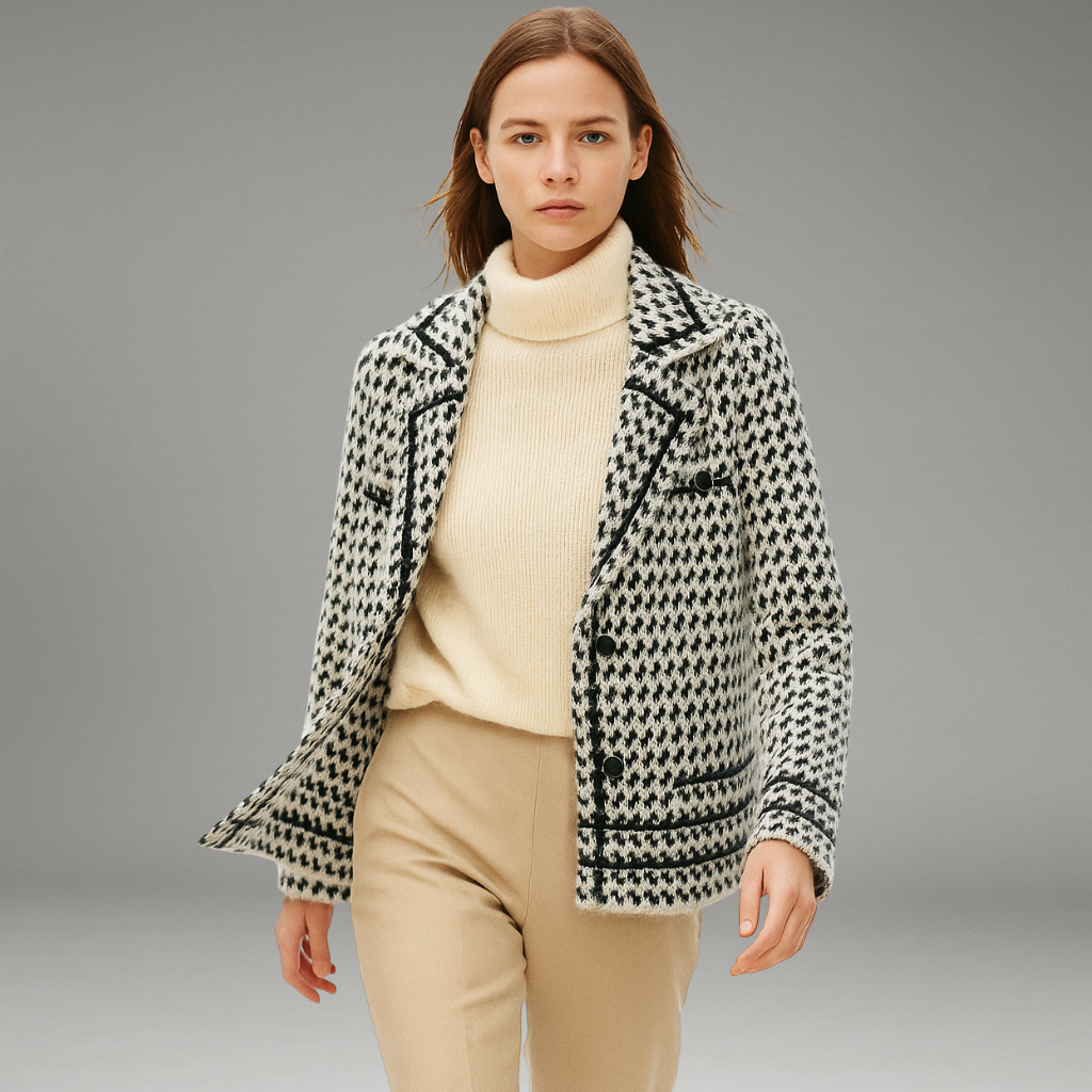 Women’s Cropped Jacket with Houndstooth Pattern and Double-Breasted Buttons