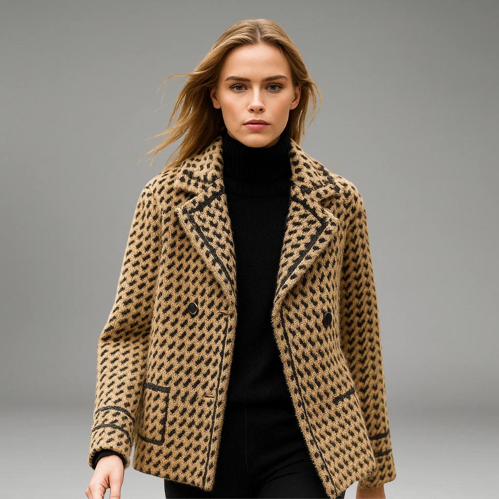 Women’s Cropped Jacket with Houndstooth Pattern and Double-Breasted Buttons