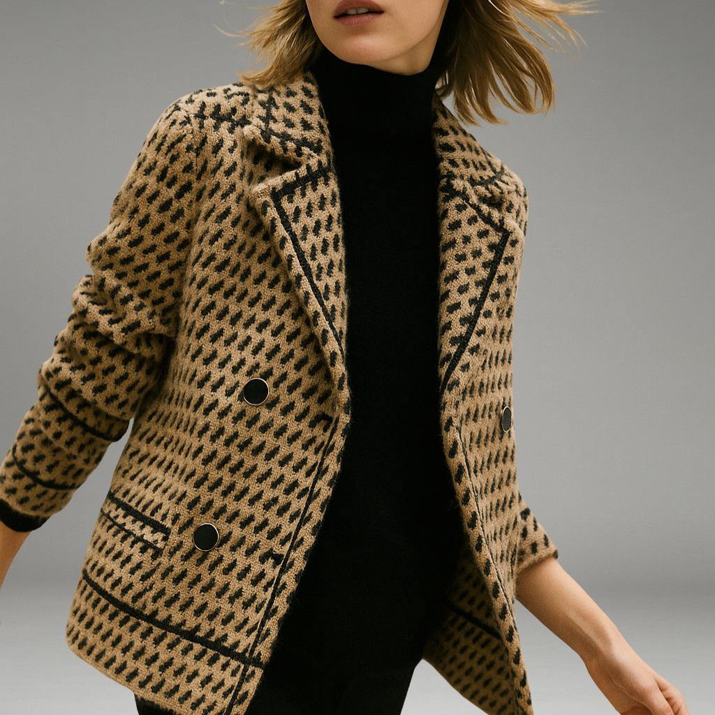 Women’s Cropped Jacket with Houndstooth Pattern and Double-Breasted Buttons