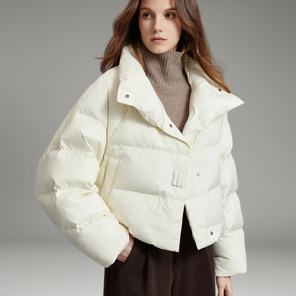 Women’s Cropped Puffer Jacket with Bold Clasps and High Neck