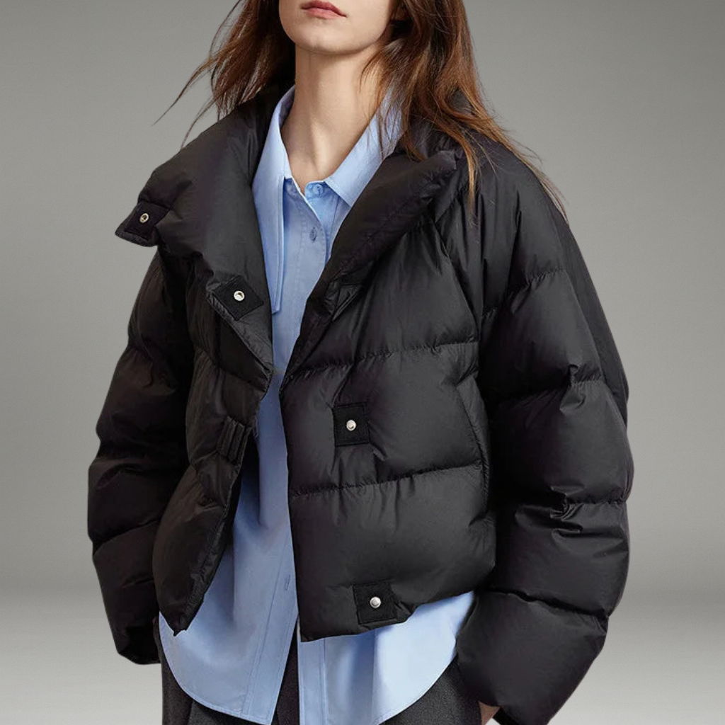 Women’s Cropped Puffer Jacket with Bold Clasps and High Neck