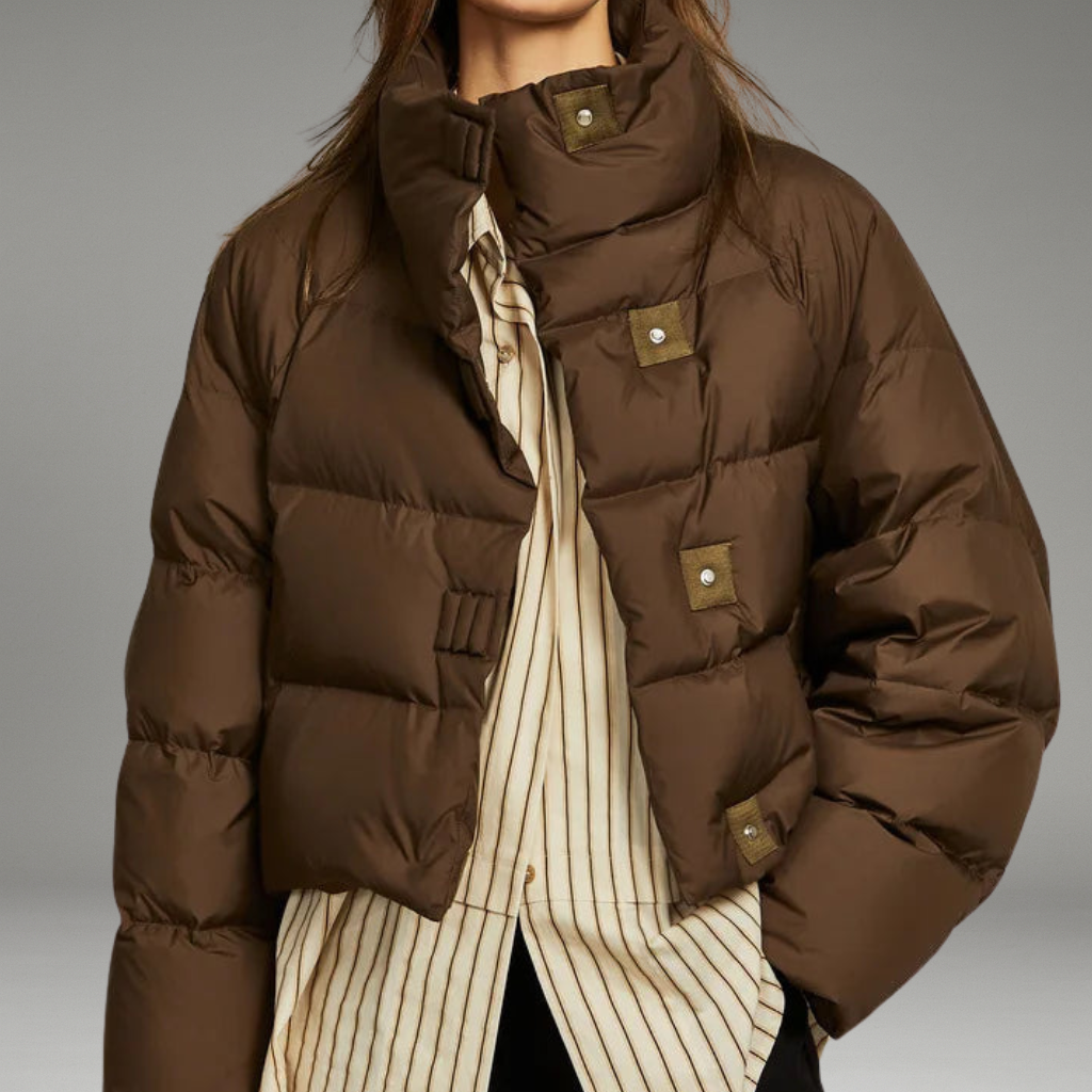 Women’s Cropped Puffer Jacket with Bold Clasps and High Neck