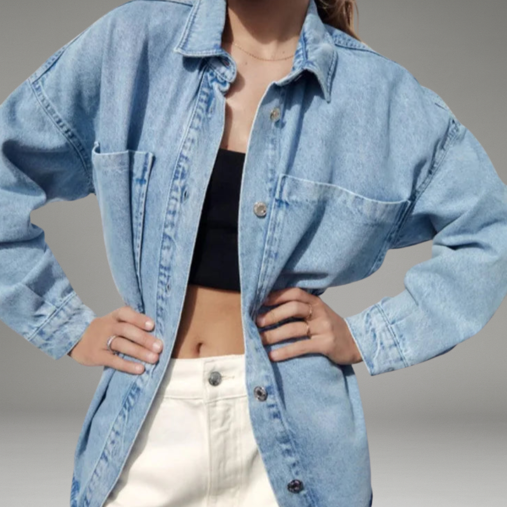 Women’s Denim Jacket with Button Front Closure and Chest Pockets