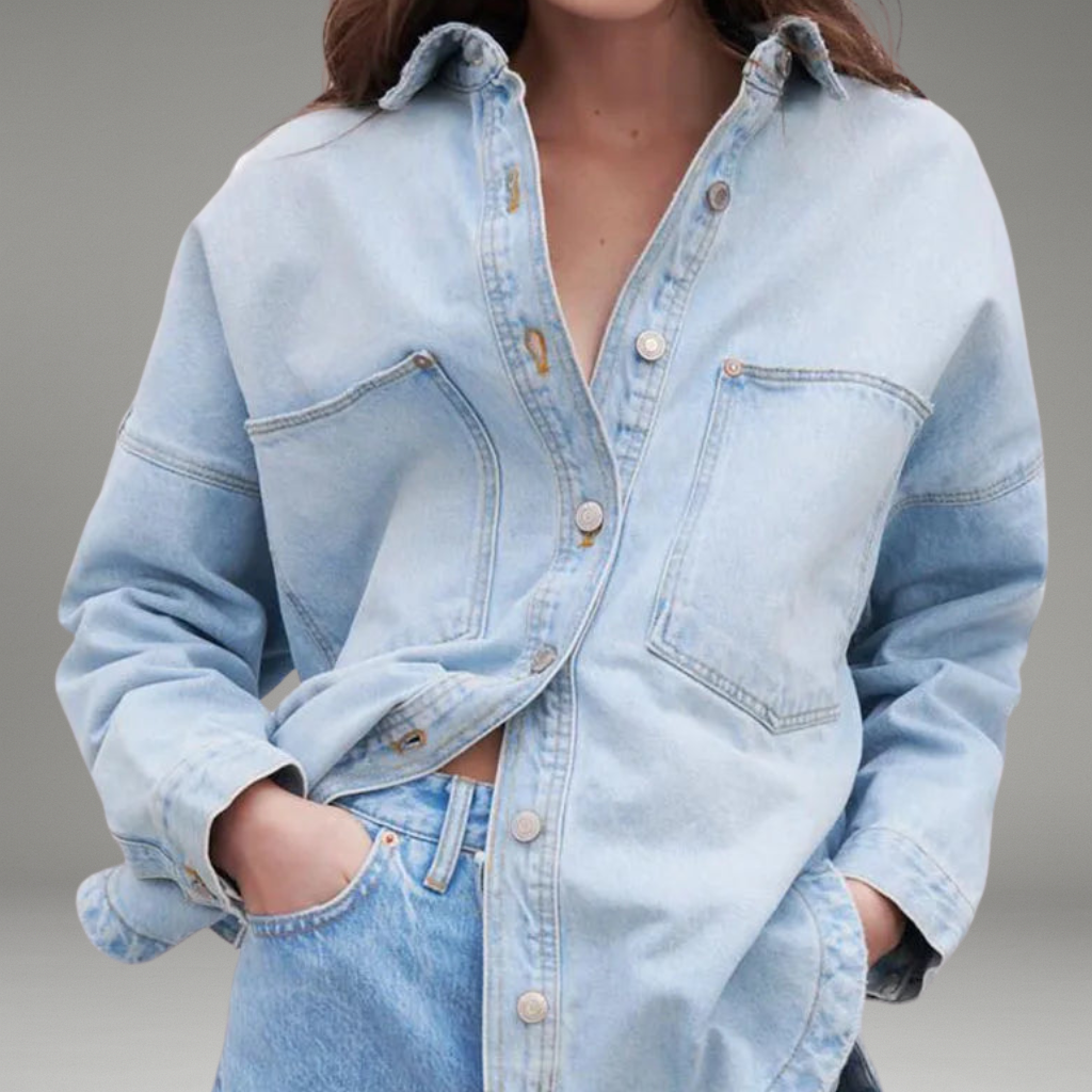 Women’s Denim Jacket with Button Front Closure and Chest Pockets