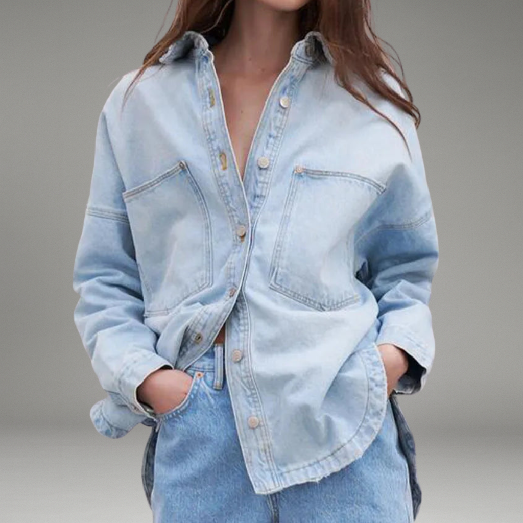 Women’s Denim Jacket with Button Front Closure and Chest Pockets
