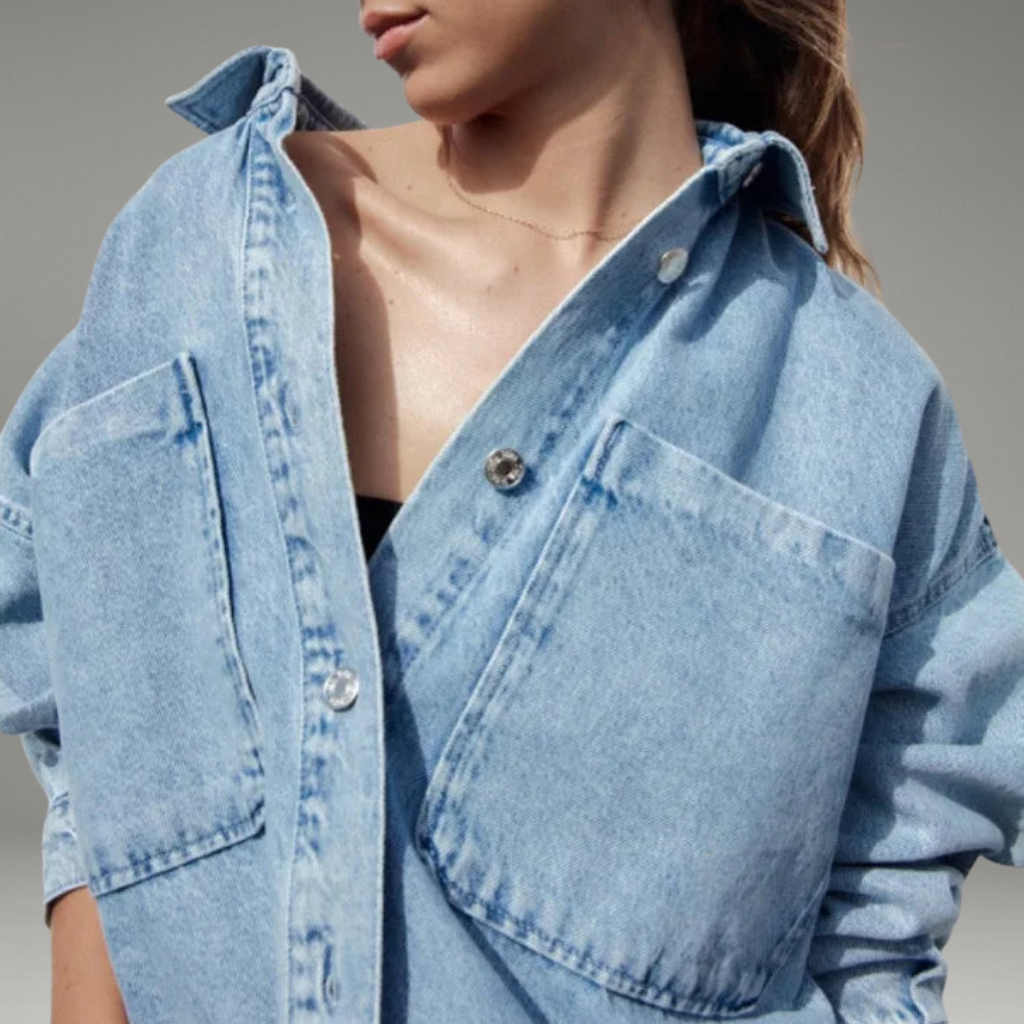 Women’s Denim Jacket with Button Front Closure and Chest Pockets