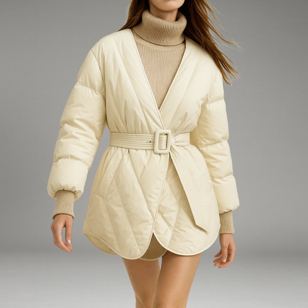 Women’s Down Jacket with Quilted Design and Belted Waist