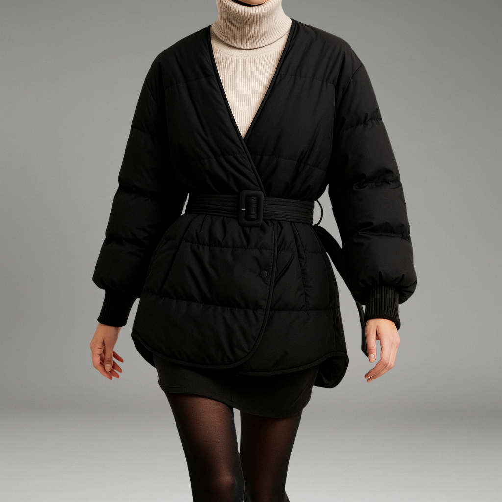 Women’s Down Jacket with Quilted Design and Belted Waist