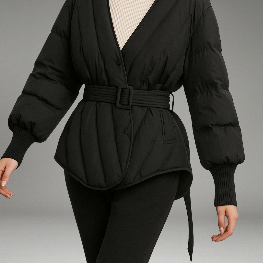 Women’s Down Jacket with Quilted Design and Belted Waist