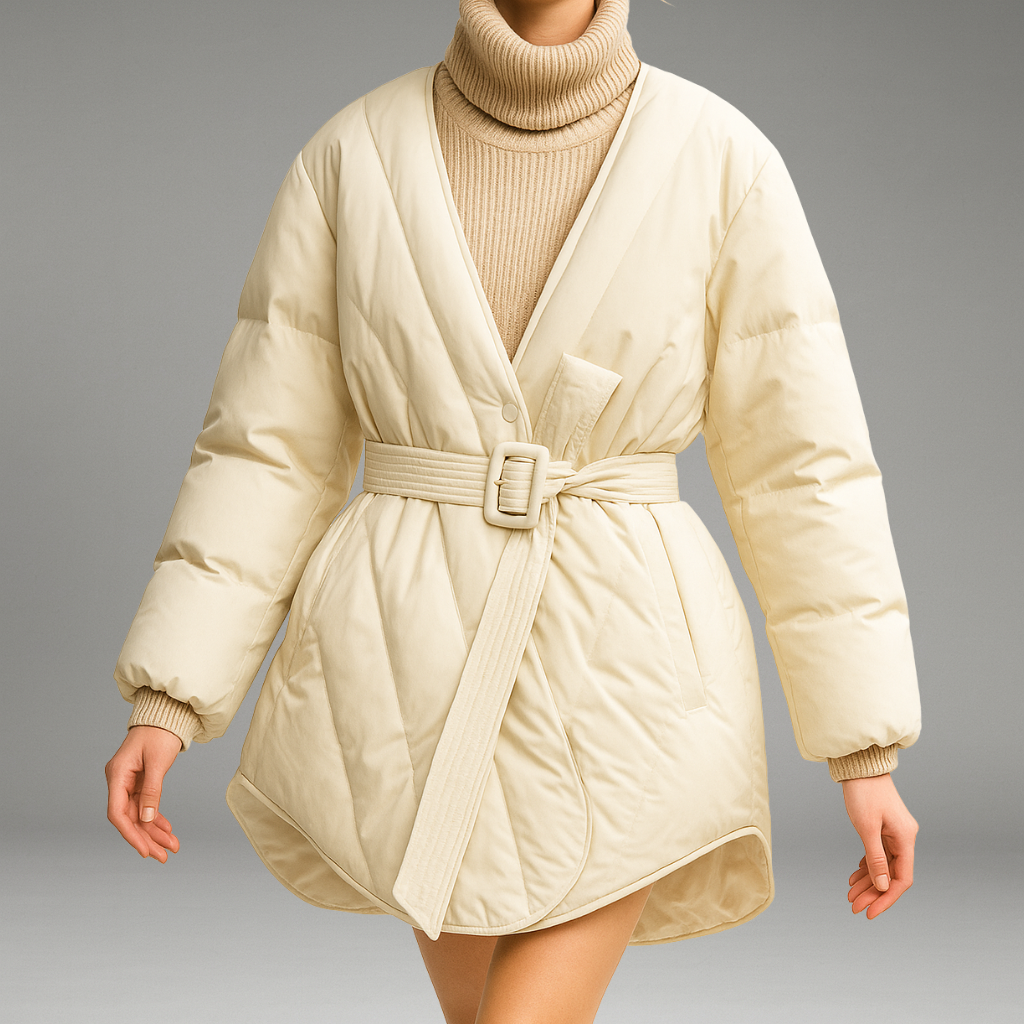 Women’s Down Jacket with Quilted Design and Belted Waist