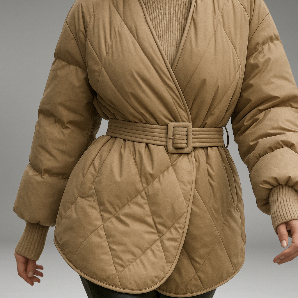 Women’s Down Jacket with Quilted Design and Belted Waist