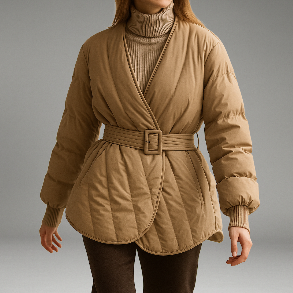 Women’s Down Jacket with Quilted Design and Belted Waist