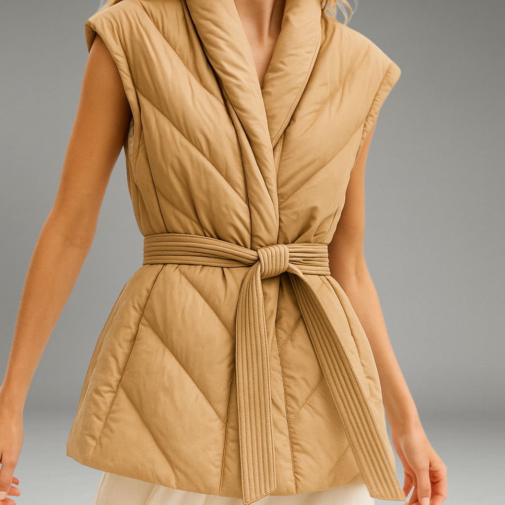 Women’s Down Vest with Belted Waist and Quilted Finish