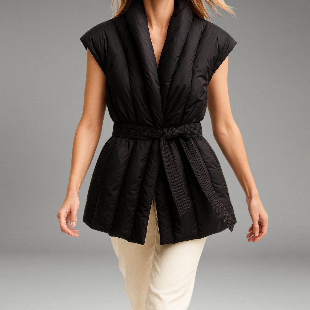 Women’s Down Vest with Belted Waist and Quilted Finish