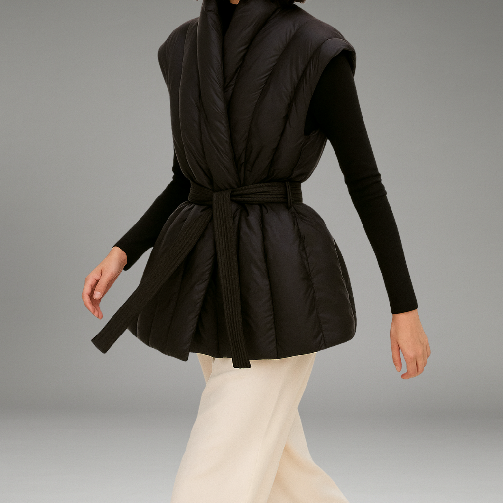 Women’s Down Vest with Belted Waist and Quilted Finish