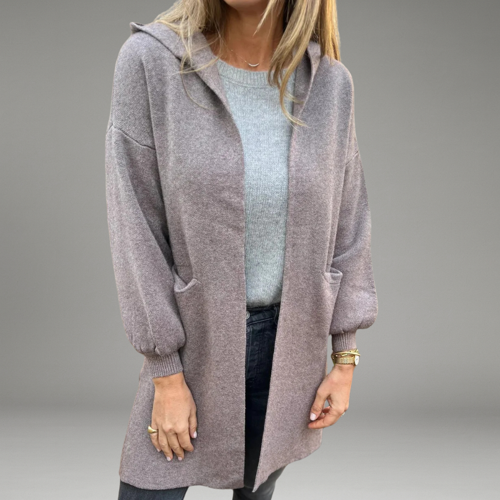 Women’s Hooded Cardigan with Open-Front Design and Ribbed Cuffs