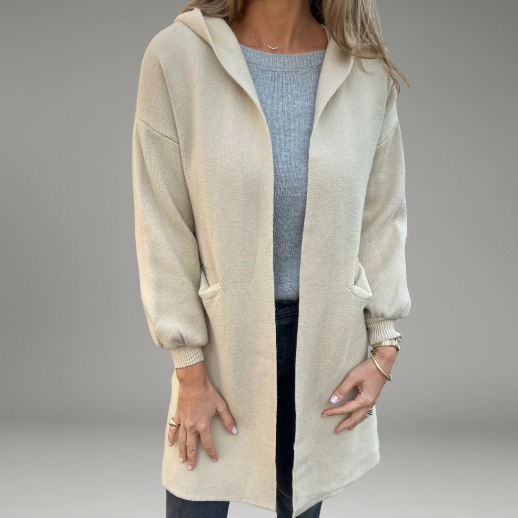 Women’s Hooded Cardigan with Open-Front Design and Ribbed Cuffs