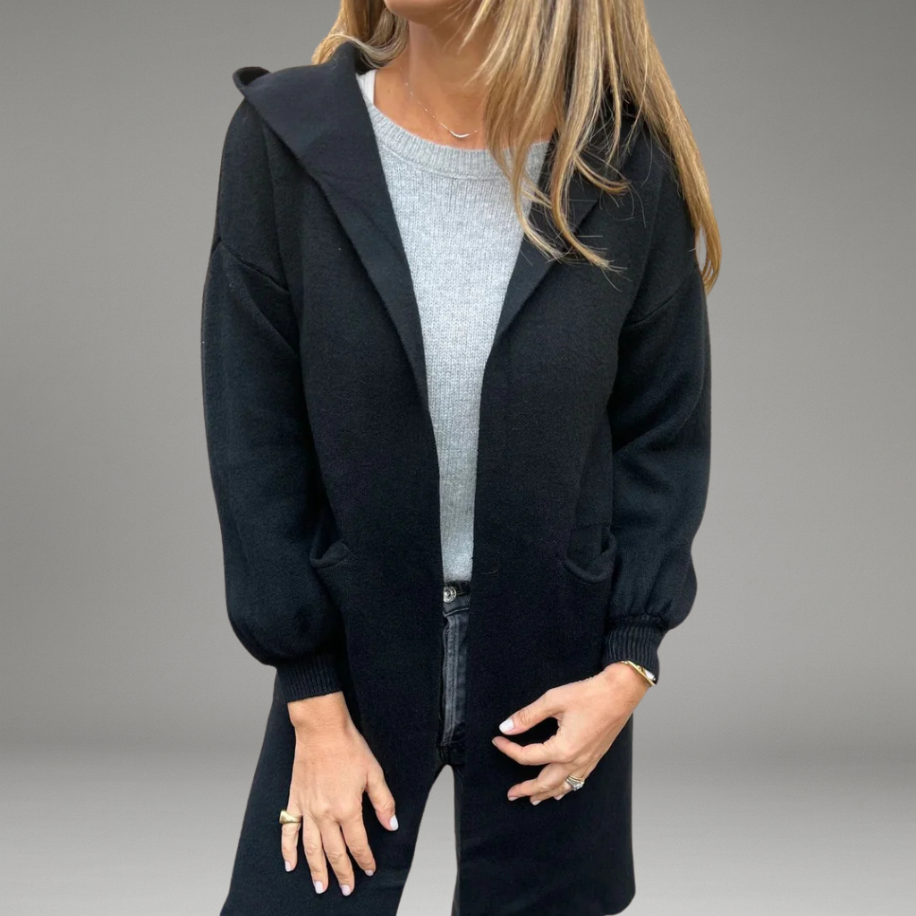 Women’s Hooded Cardigan with Open-Front Design and Ribbed Cuffs