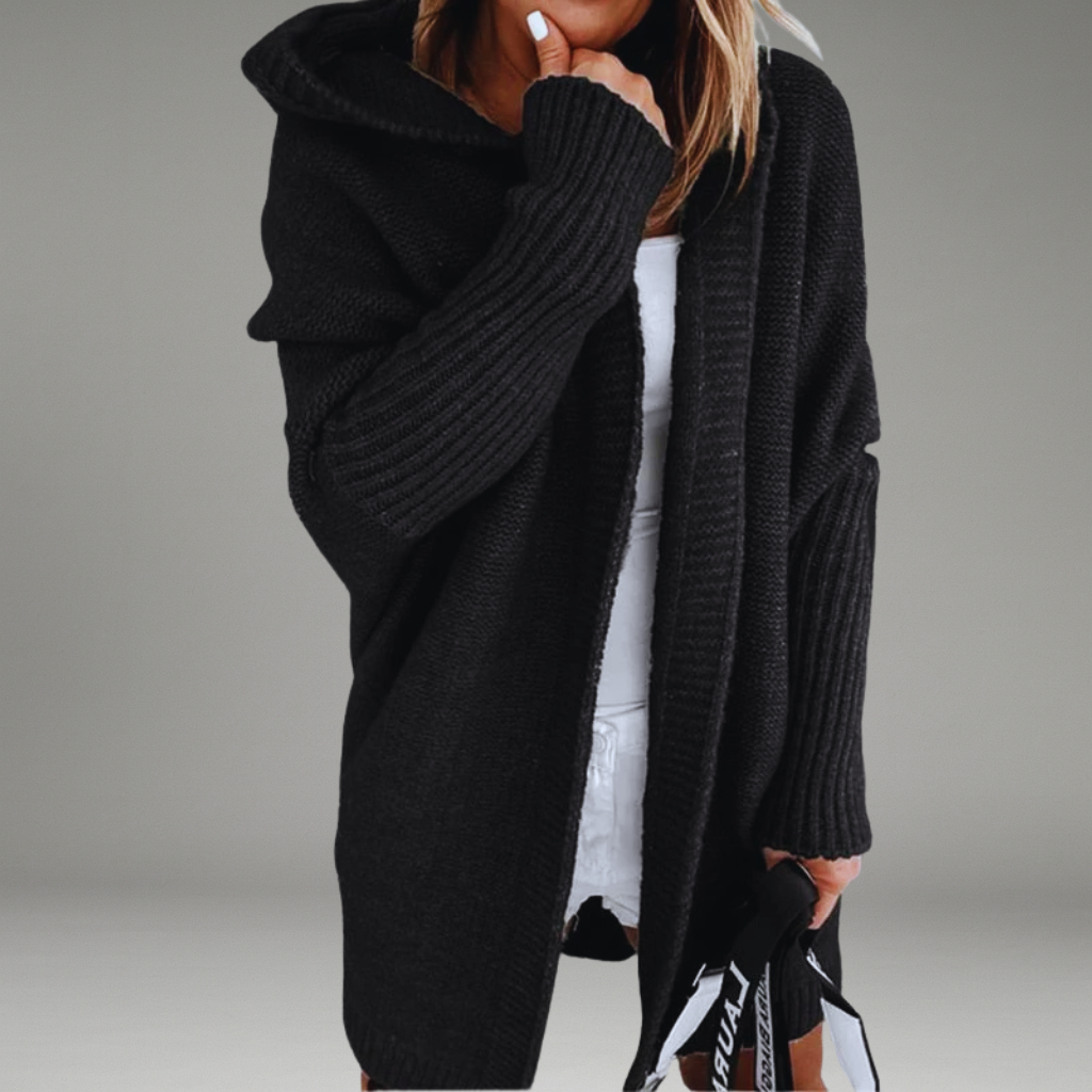 Women’s Hooded Cardigan with Open Front and Ribbed Cuffs