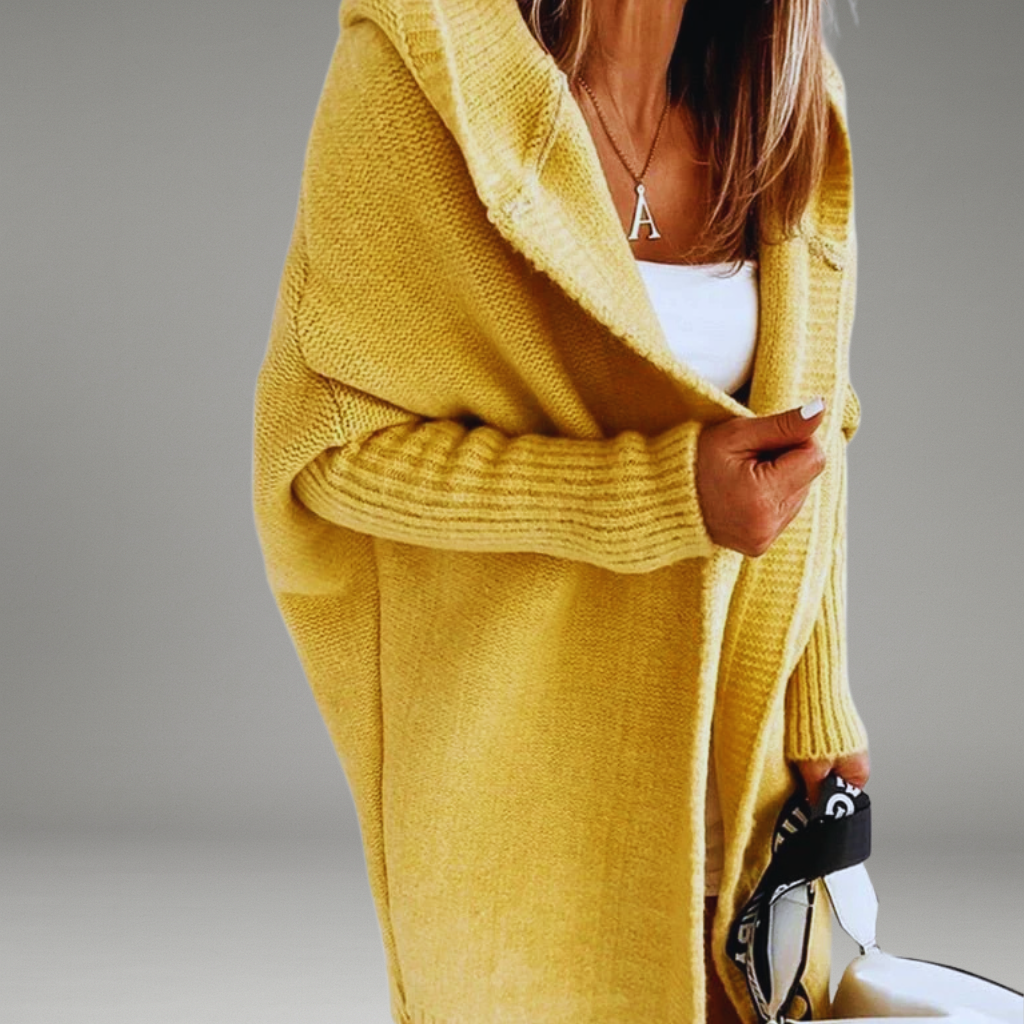 Women’s Hooded Cardigan with Open Front and Ribbed Cuffs