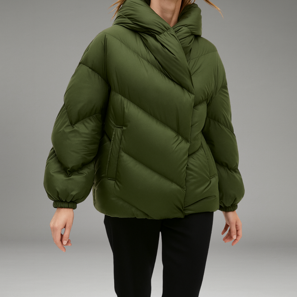 Women’s Hooded Puffer Jacket with Adjustable Hood and Quilted Panels