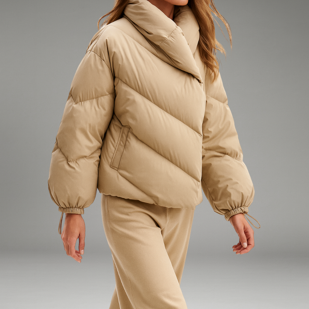 Women’s Hooded Puffer Jacket with Adjustable Hood and Quilted Panels