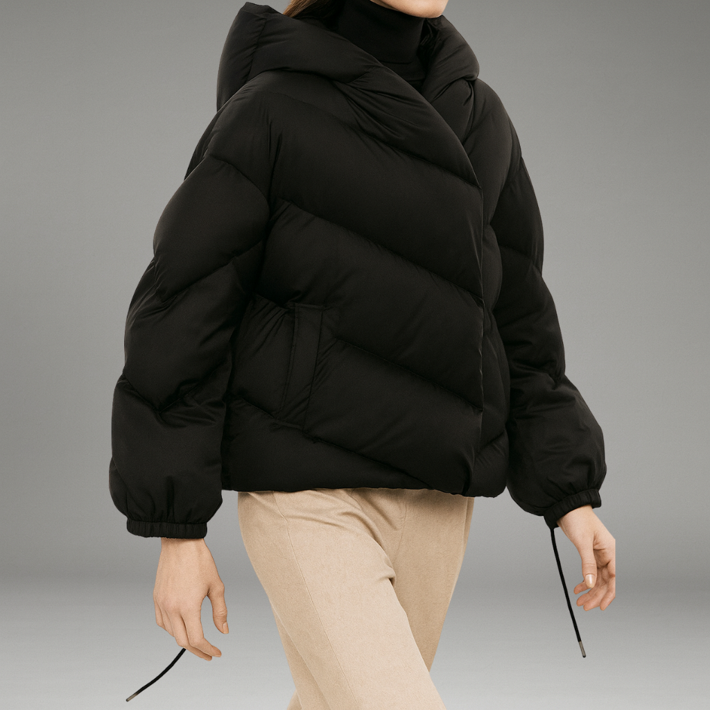 Women’s Hooded Puffer Jacket with Adjustable Hood and Quilted Panels