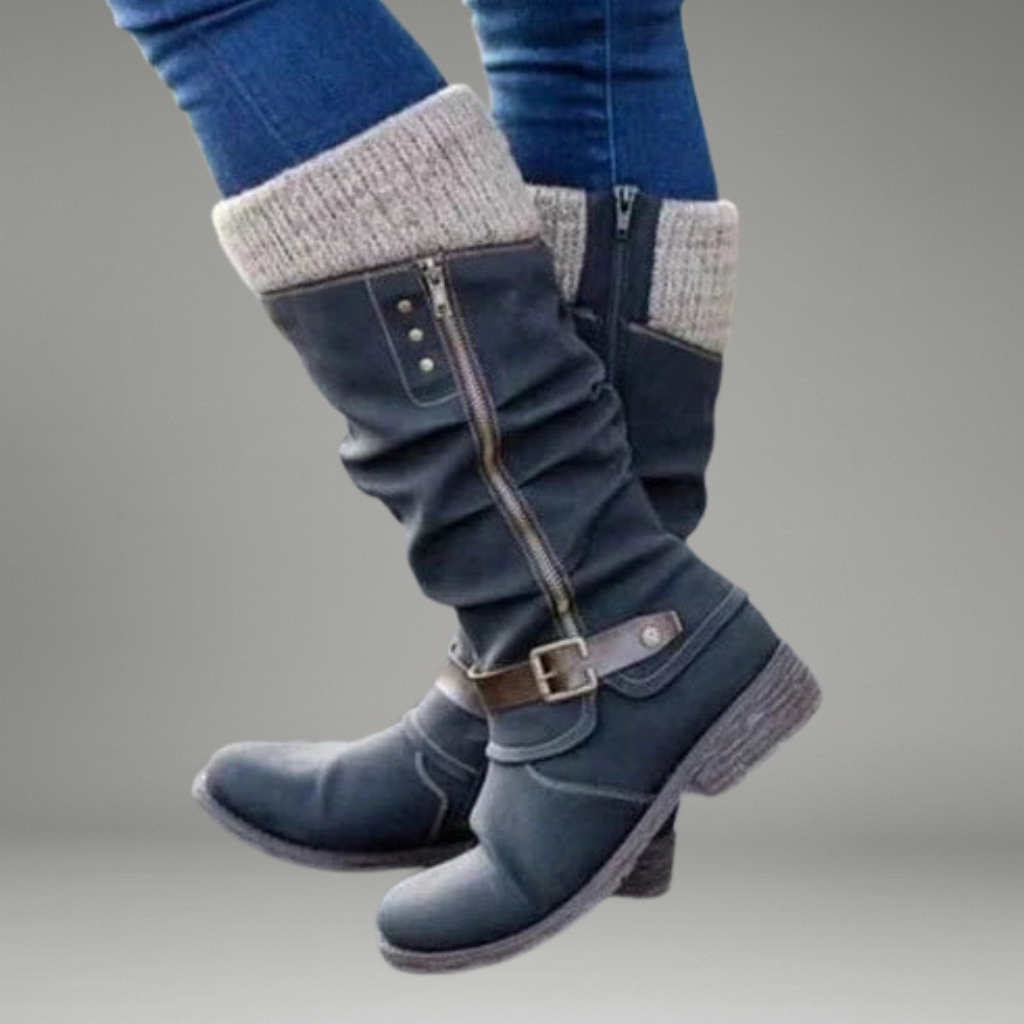 Women’s Knee-High Boots with Side Zip and Buckle Strap