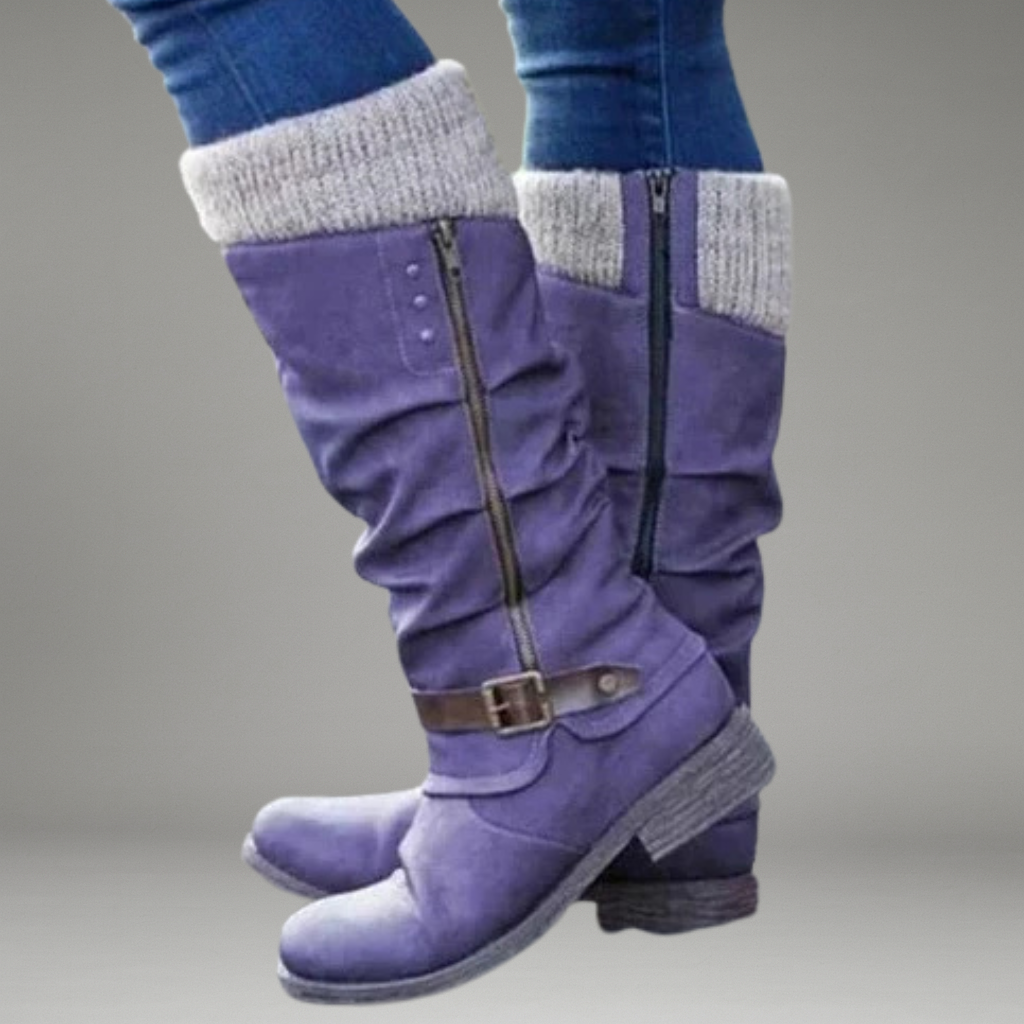 Women’s Knee-High Boots with Side Zip and Buckle Strap