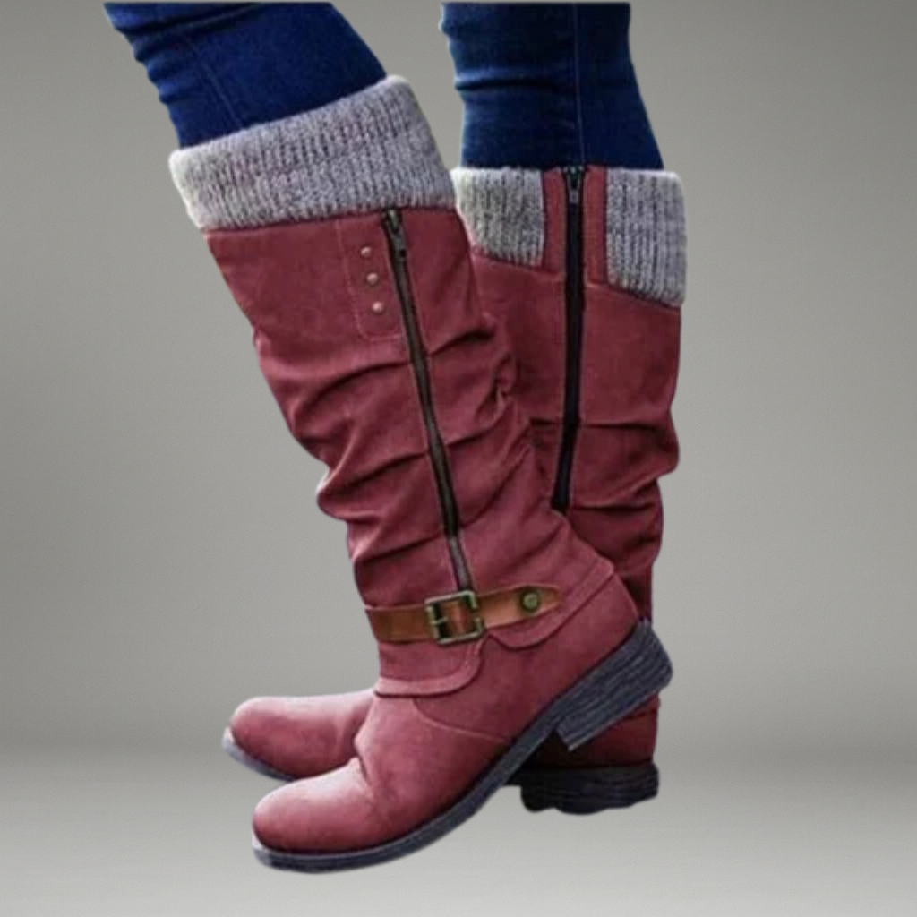 Women’s Knee-High Boots with Side Zip and Buckle Strap