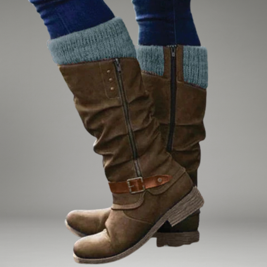 Women’s Knee-High Boots with Side Zip and Buckle Strap