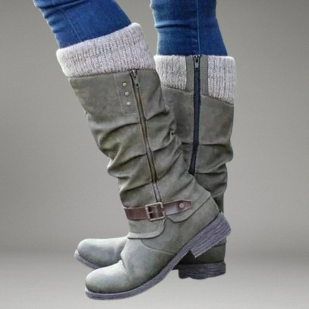 Women’s Knee-High Boots with Side Zip and Buckle Strap