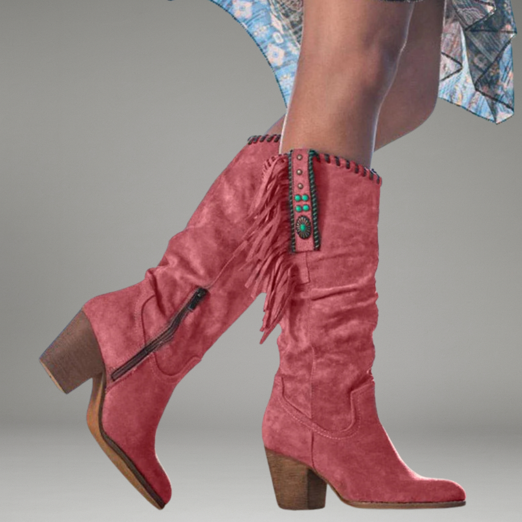 Women’s Knee-High Boots with Rounded Toe and Braided Trim