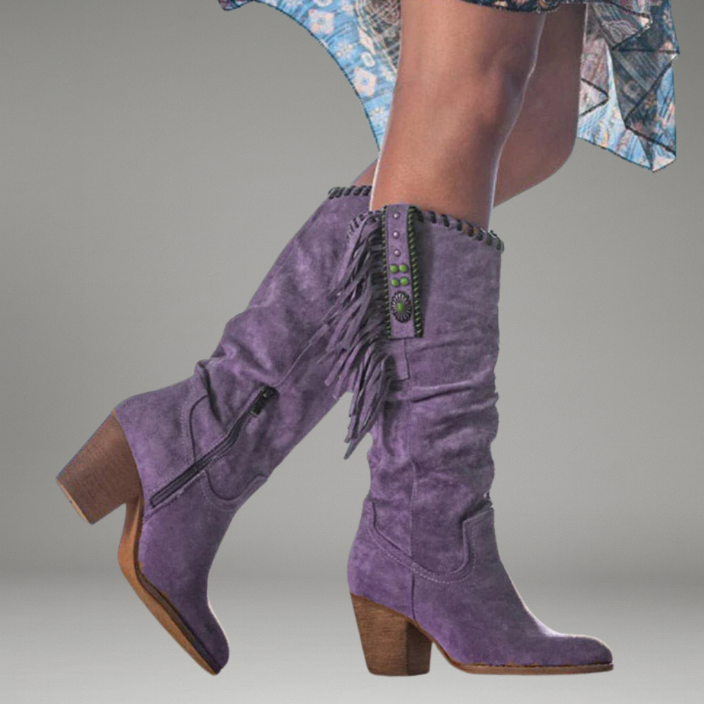 Women’s Knee-High Boots with Rounded Toe and Braided Trim