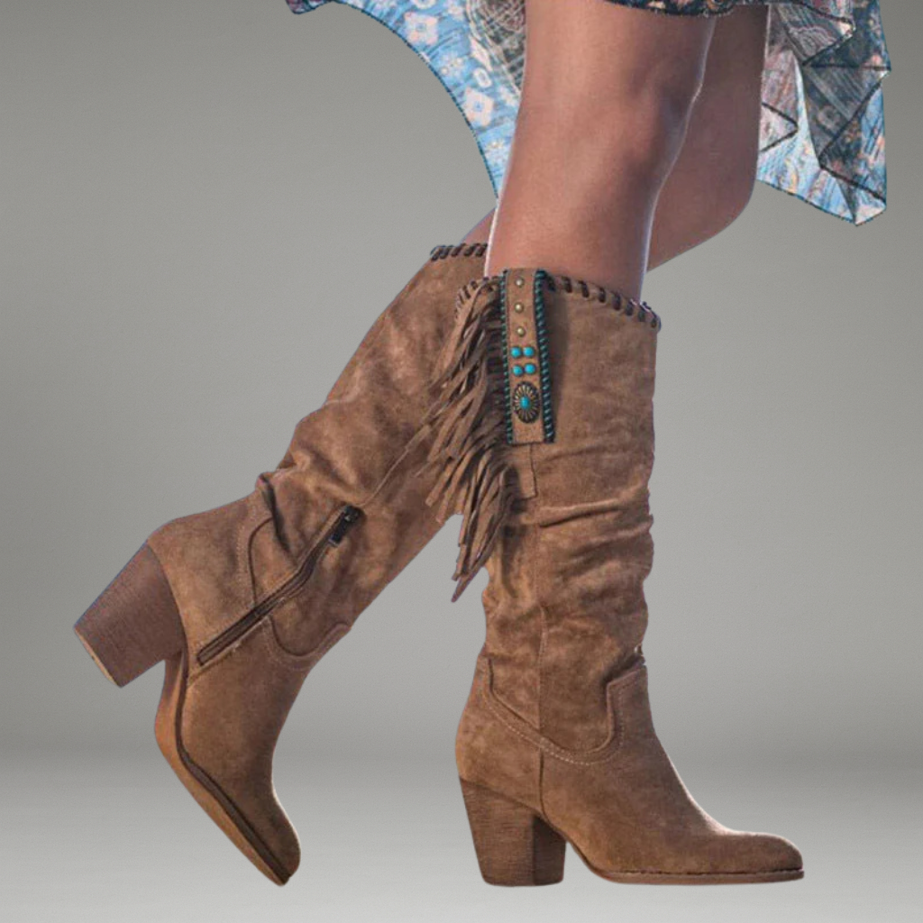 Women’s Knee-High Boots with Rounded Toe and Braided Trim