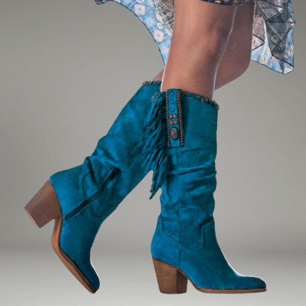 Women’s Knee-High Boots with Rounded Toe and Braided Trim