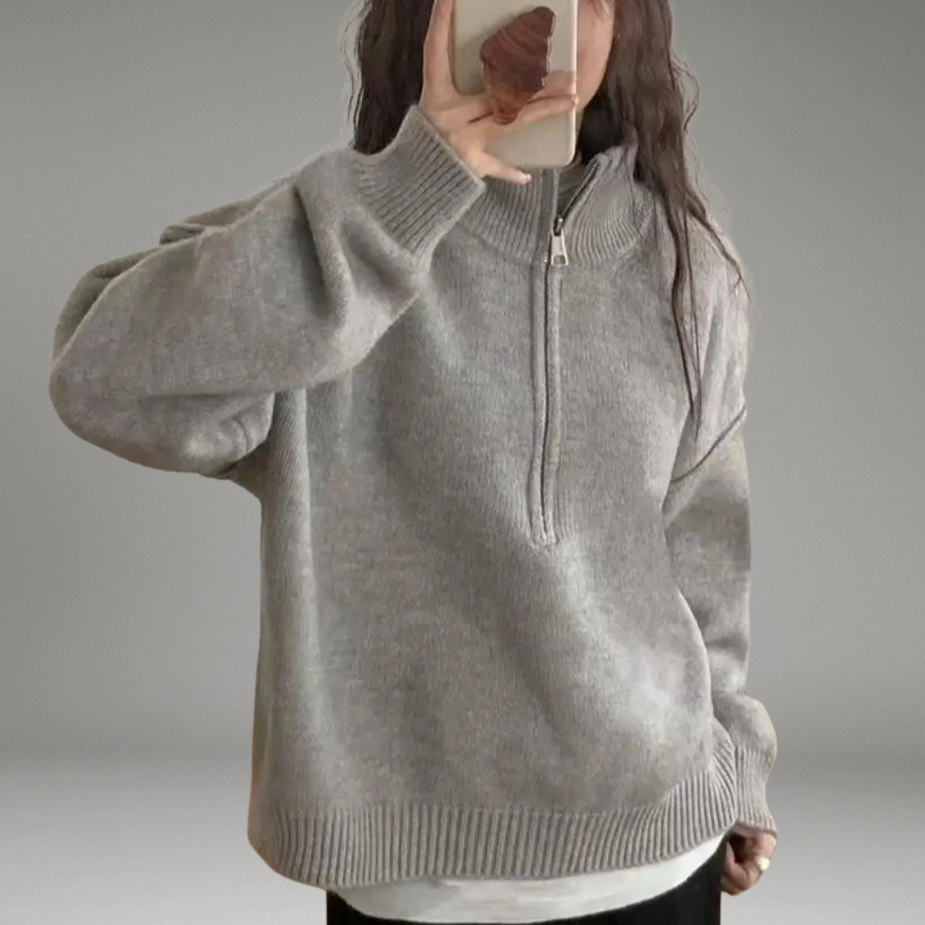 Women’s Knit Sweater with Half Zipper and High Neck
