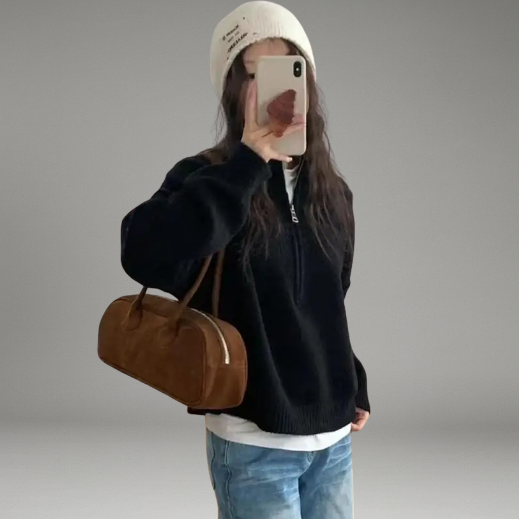 Women’s Knit Sweater with Half Zipper and High Neck