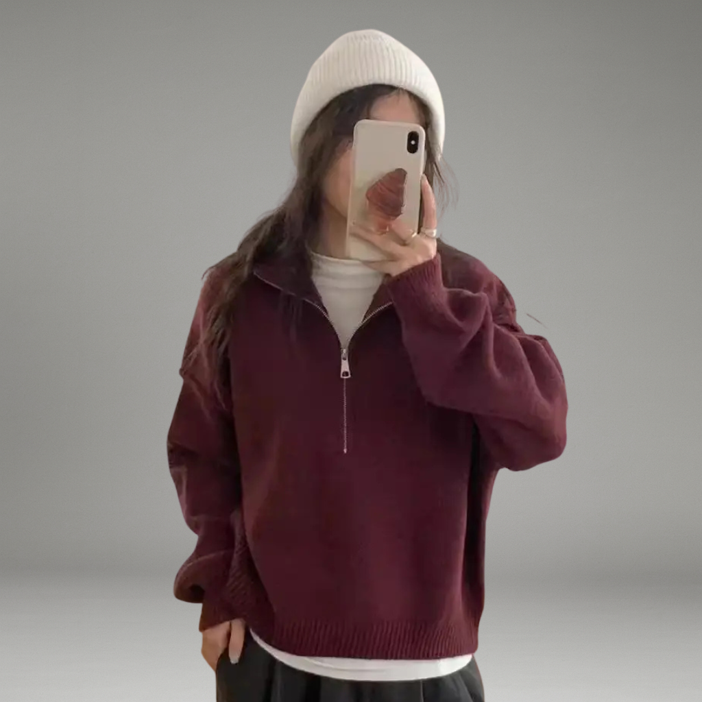 Women’s Knit Sweater with Half Zipper and High Neck