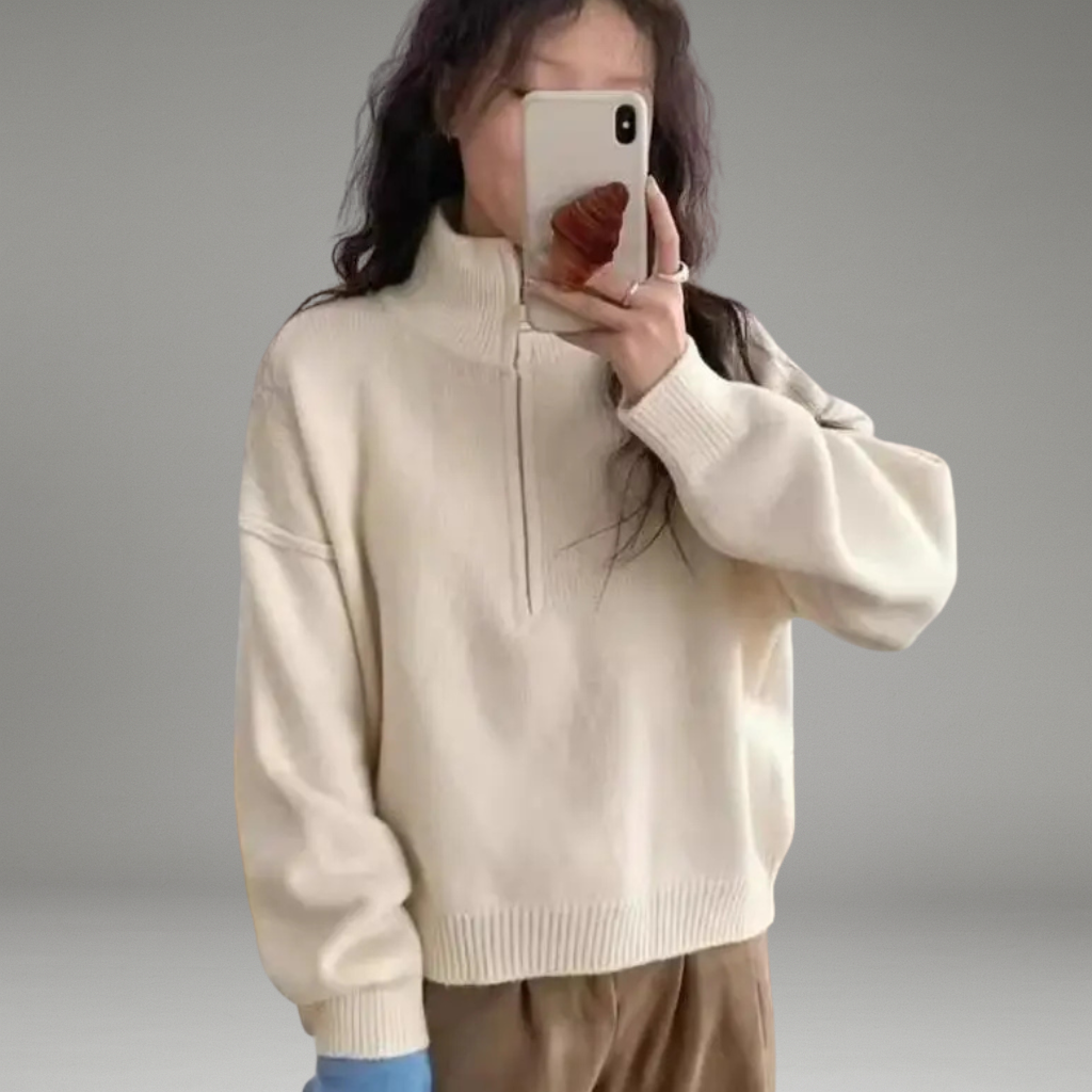 Women’s Knit Sweater with Half Zipper and High Neck