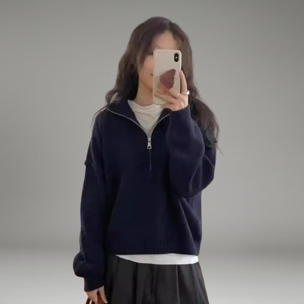 Women’s Knit Sweater with Half Zipper and High Neck